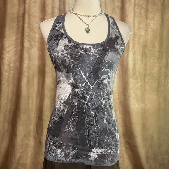 Vintage Y2K Tank Top Rhinestone Guitar Cut Out Back Sleeveless Indie Sleaze Punk - Picture 3 of 9